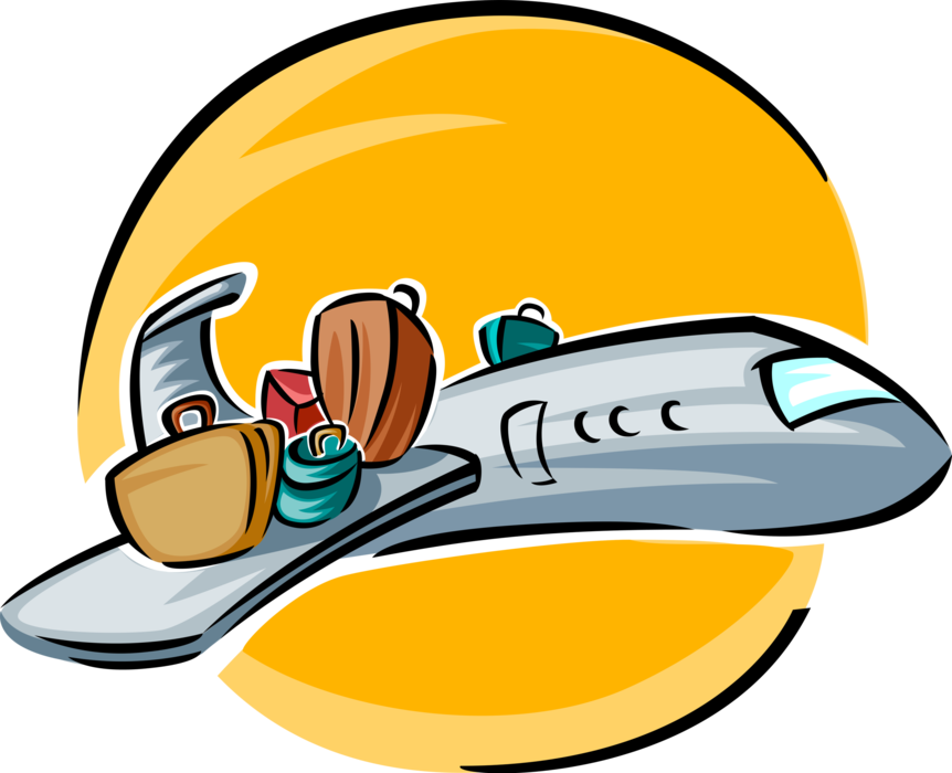 Vector Illustration of Passenger Luggage and Suitcases on Wing of Jet Airplane in Flight