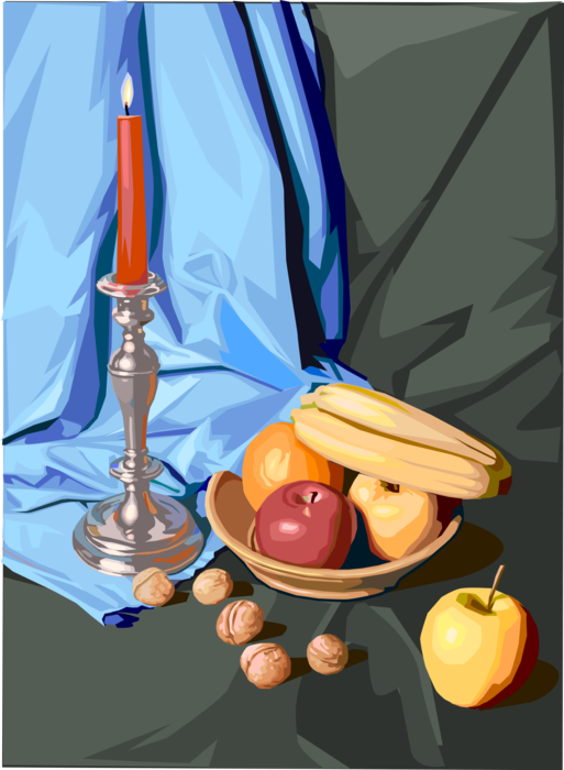 Vector Illustration of Candle with Bowl of Fruit Apples, Oranges and Bananas with Walnuts