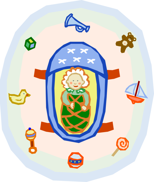 Vector Illustration of Newborn Swaddled Baby Surrounded by Toys