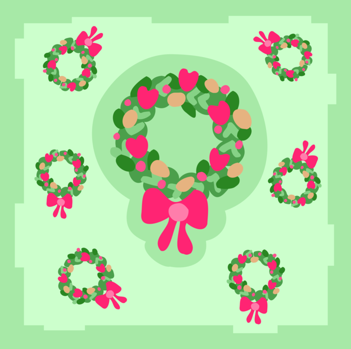 Vector Illustration of Festive Season Christmas Wreaths with Hearts and Bows