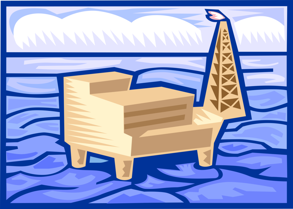 Vector Illustration of Offshore Petroleum Fossil Fuel Oil Rig Drilling Platform with Derrick