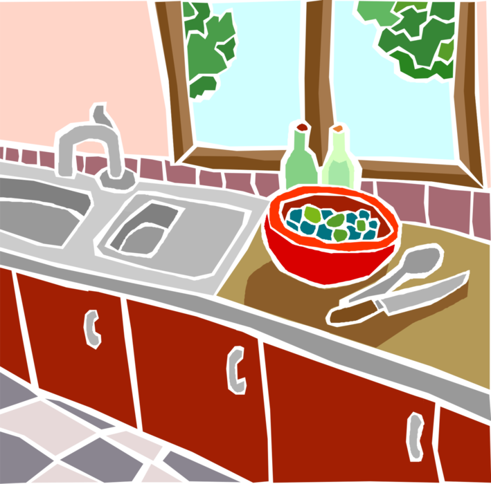 Vector Illustration of Kitchen Countertop with Food Preparation and Window