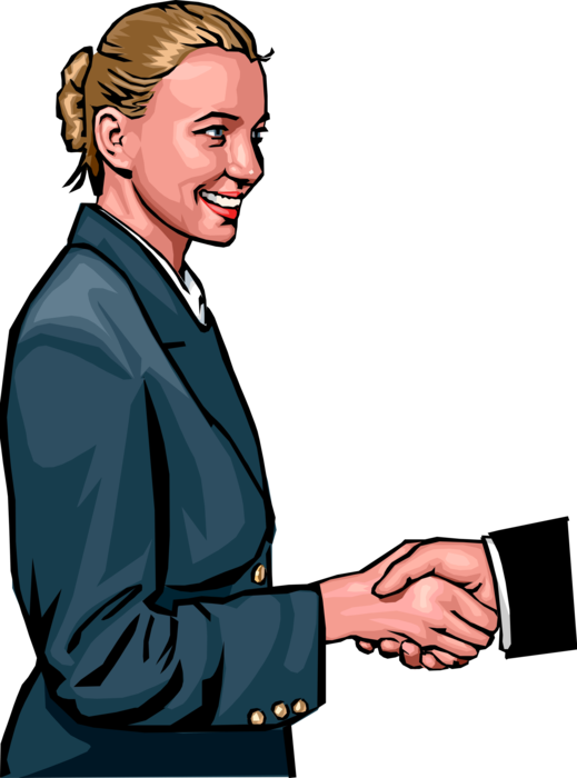 Vector Illustration of Businesswoman in Office Greets Customer with Handshake