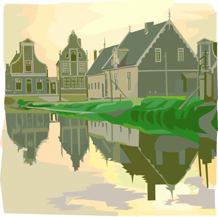 Vector Illustration of Dutch Countryside Canal and Homes, Holland, The Netherlands