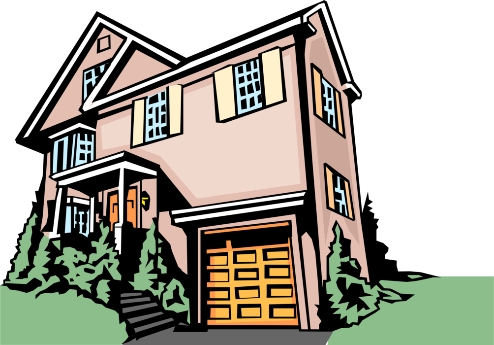 Vector Illustration of Two-Storey Family Home Residence House with Garage