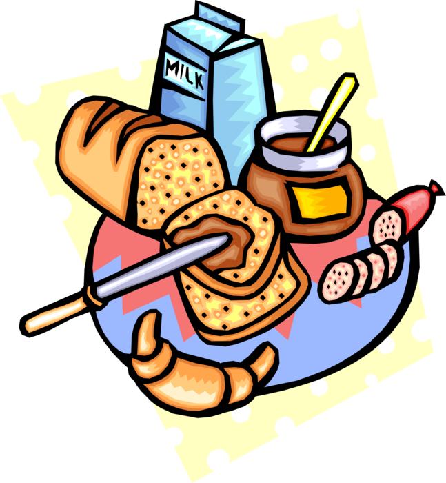 Vector Illustration of Fresh Baked Loaf of Bread with Milk, Cold Cuts and Spread