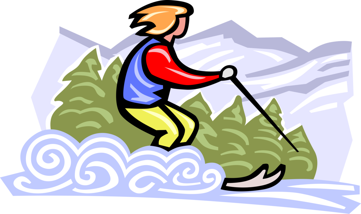 Vector Illustration of Downhill Alpine Skier Slalom Skiing Down Hill in Powder Snow