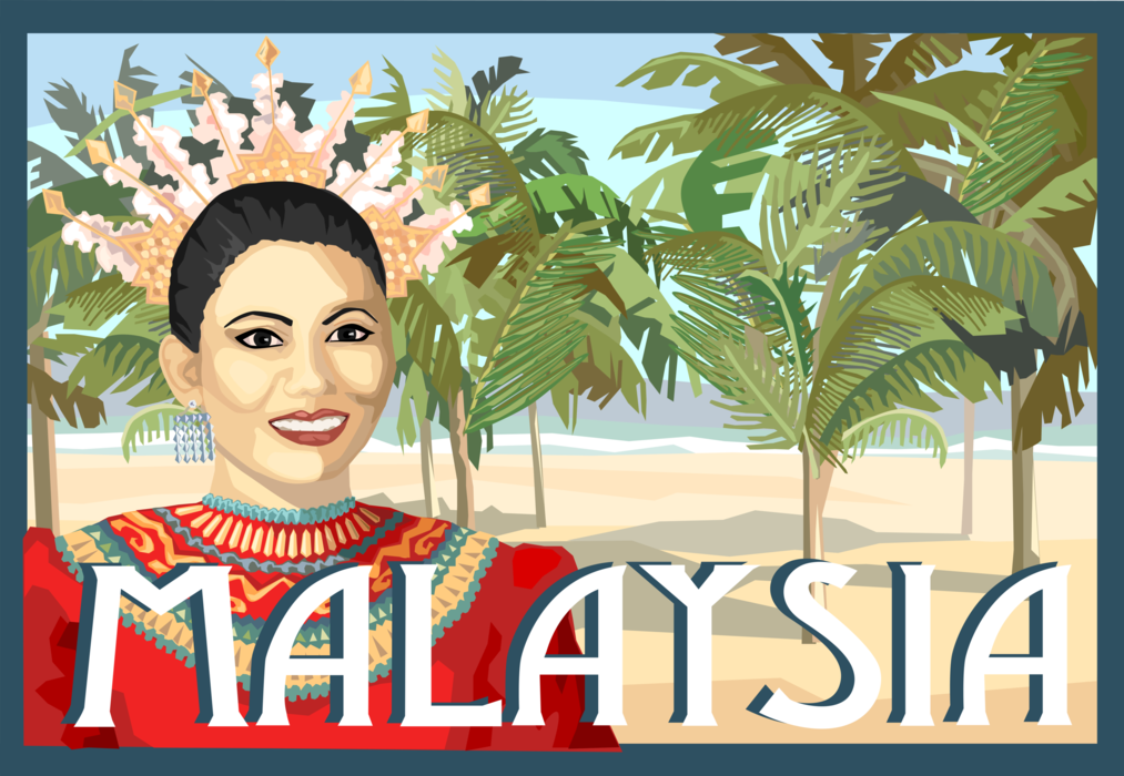 Vector Illustration of Malaysia Postcard Design with Palm Trees and Traditional Dress