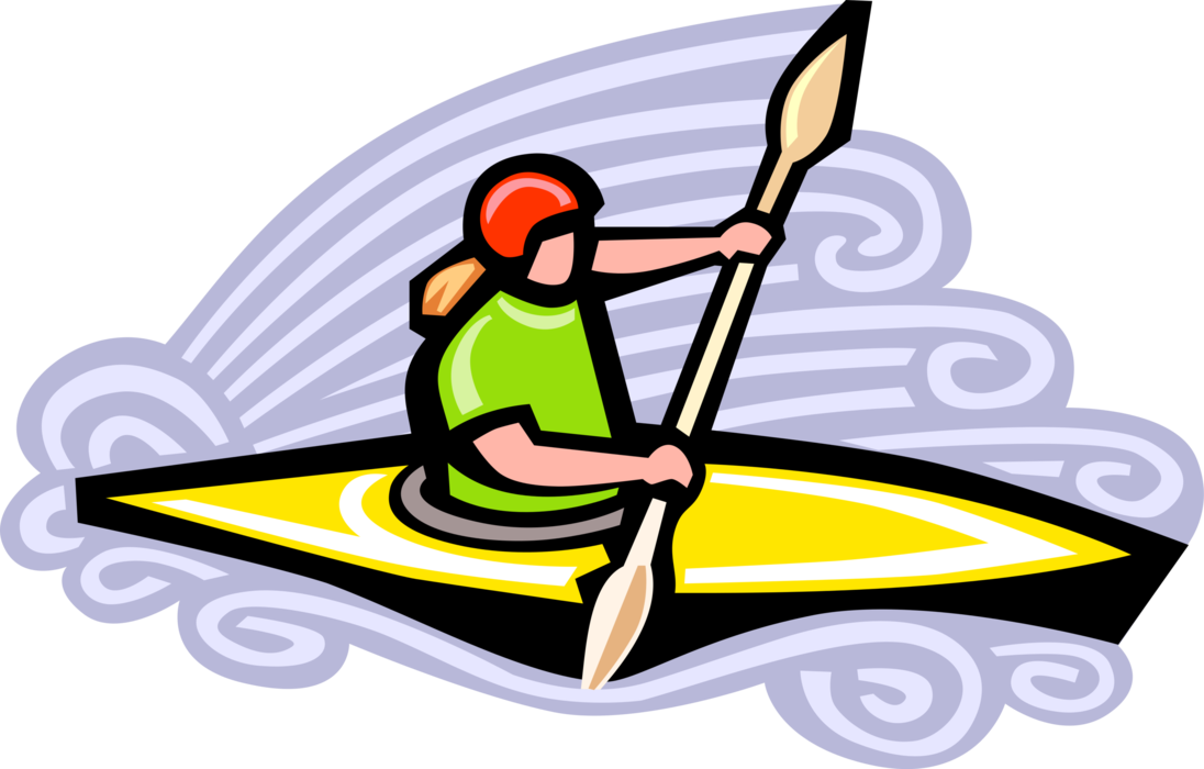 Vector Illustration of Kayaker Kayaking Rapids in Kayak Watercraft with Oar