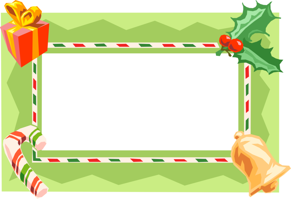 Vector Illustration of Holiday Festive Season Christmas Frame Border with Gift, Holly, Bell and Candy Cane