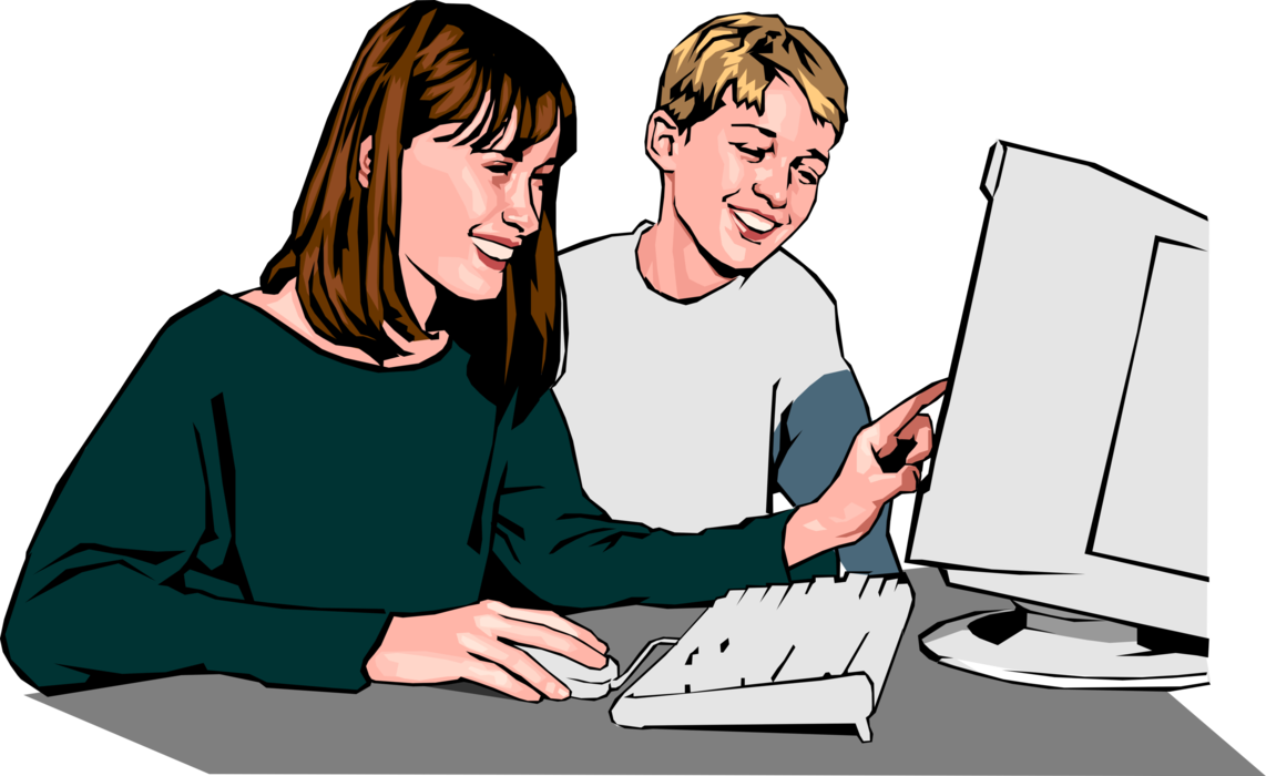 Vector Illustration of Big Sister Helps Little Brother with Homework Problem at Computer