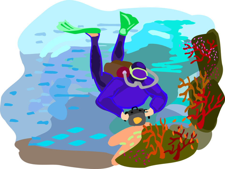 Vector Illustration of Scuba Diver Photographs Coral Reef Underwater