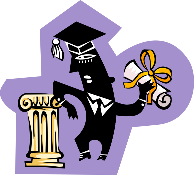 Vector Illustration of College or University Graduate Leans on Pedestal with Mortarboard and Diploma