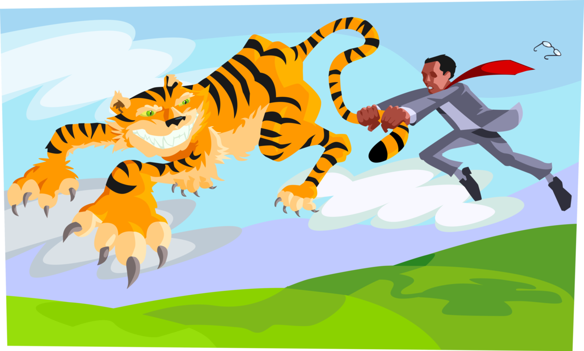 Vector Illustration of Businessman has Tiger by the Tail Idiom