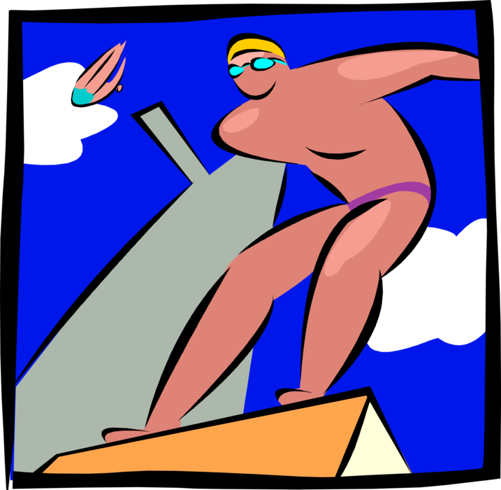 Vector Illustration of Competitive Diver Gets Ready on Diving Board to Dive into Pool