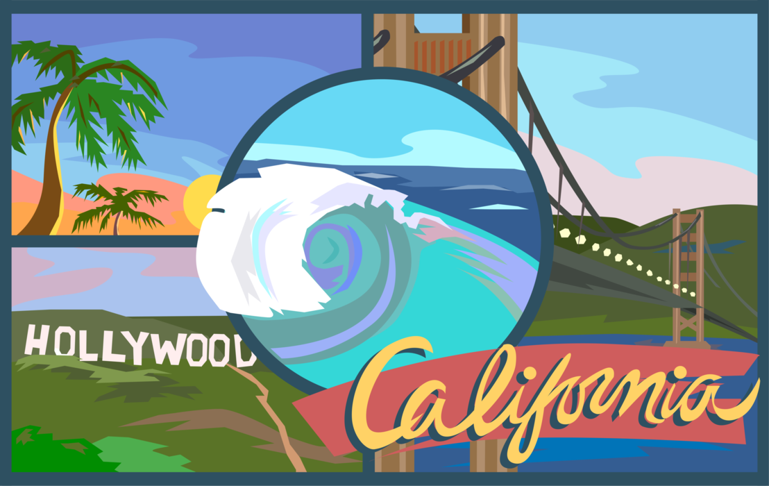 Vector Illustration of California State Postcard Design Featuring Golden Gate Bridge