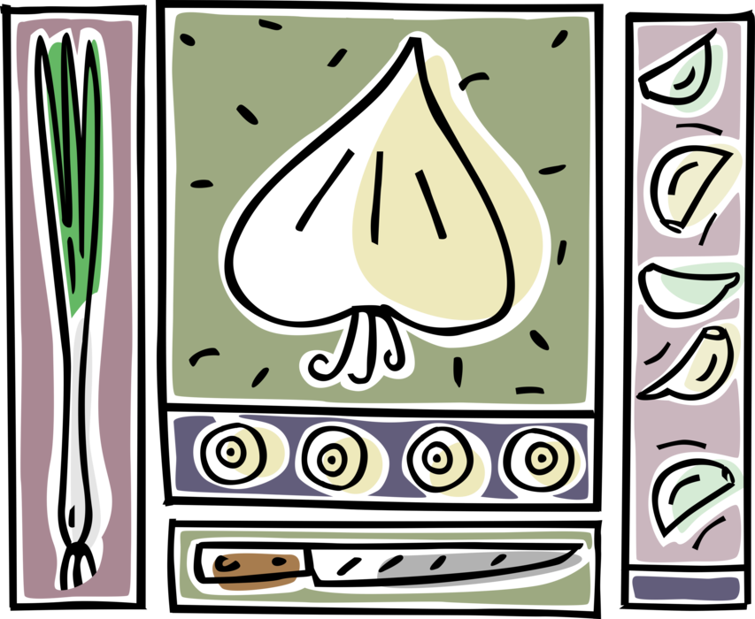 Vector Illustration of Culinary Cuisine Cooking with Garlic Bud, Onions and Kitchen Knife
