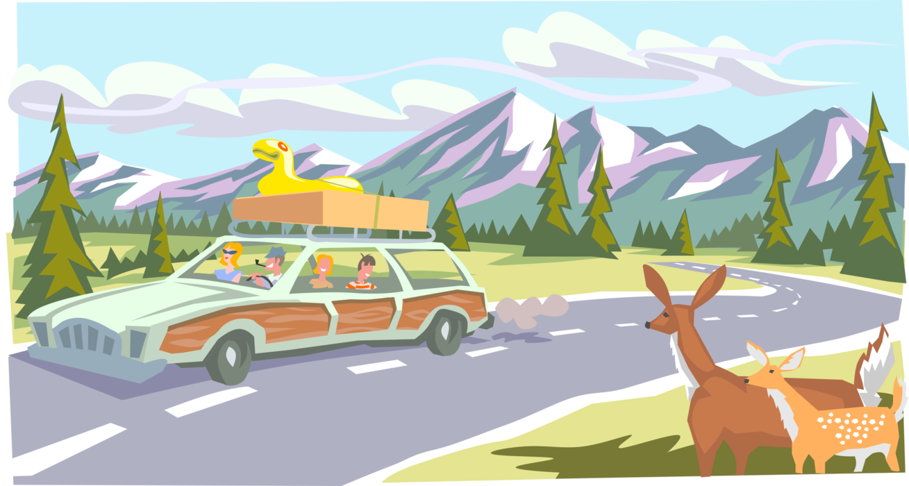 Vector Illustration of Vacationing Family in Station Wagon Vehicle with White-Tail Deer in Mountain Wilderness