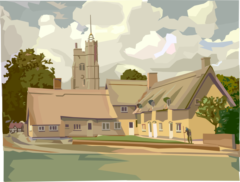 Vector Illustration of English Country Church in Summer, United Kingdom