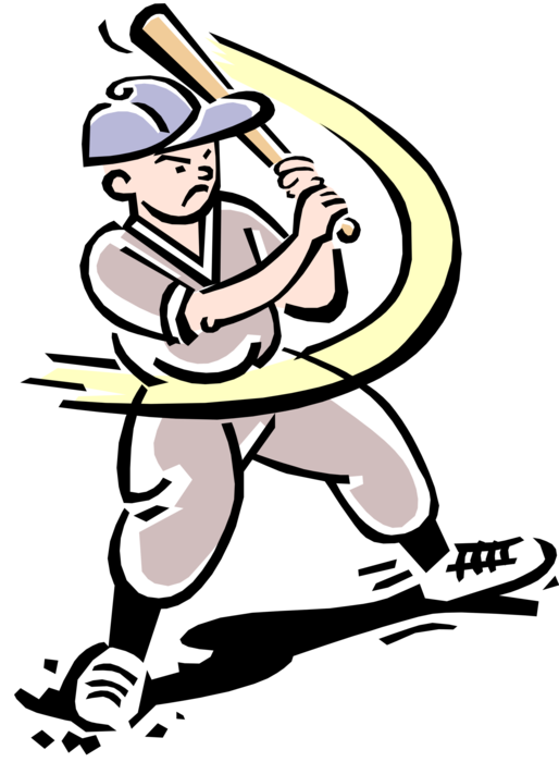 Vector Illustration of 1950's Vintage Style Baseball Kid Tries to Hit Ball Swinging the Bat