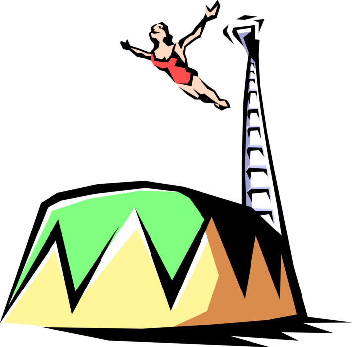 Vector Illustration of Big Top Circus Performer High Dives into Pool of Water