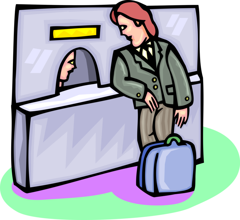 Vector Illustration of Businessman at Ticket Window Purchases Travel Ticket