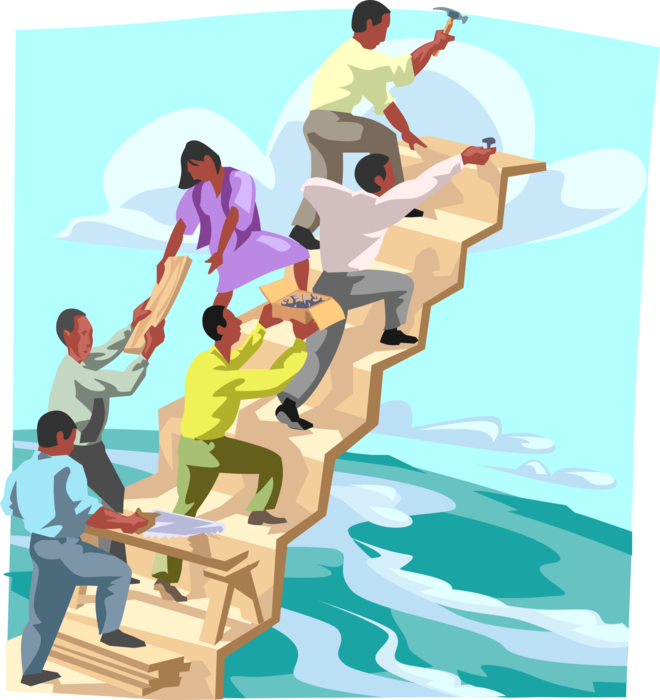 Vector Illustration of Office Worker Teamwork Building Stairway