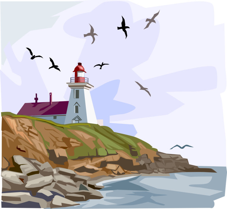 Vector Illustration of Lighthouse Beacon with Shoreline and Seagulls