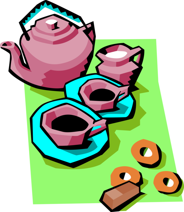 Vector Illustration of Steeped Tea with Teapot, Cups, Cream and Biscuits