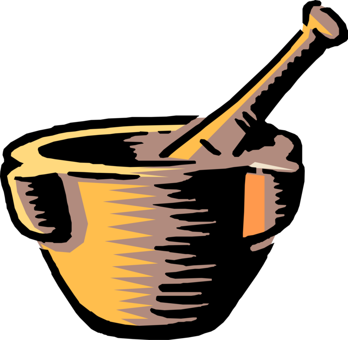 Vector Illustration of Mortar and Pestle Prepare Ingredients by Crushing and Grinding into Powder or Paste