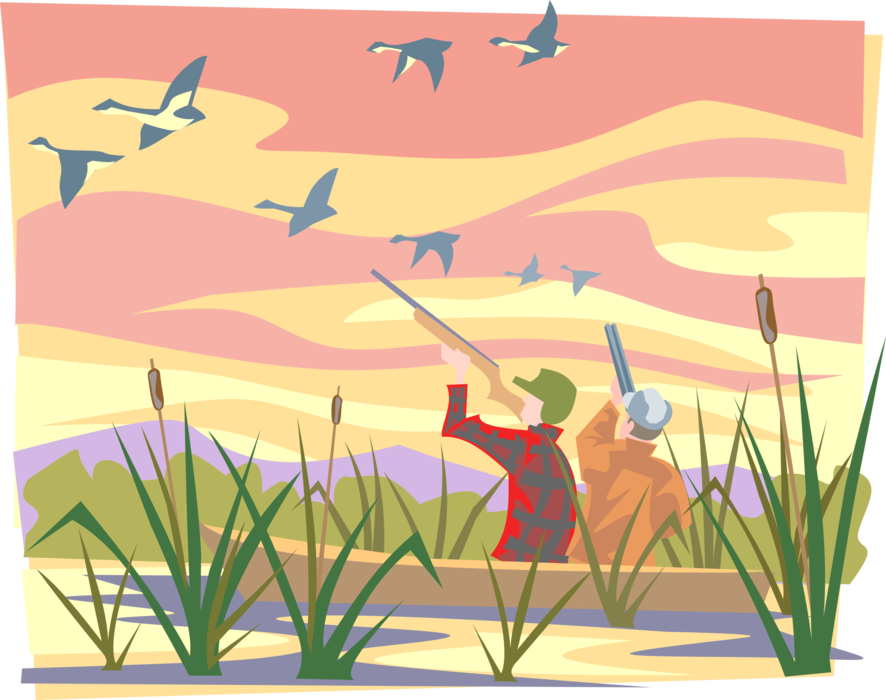 Vector Illustration of Fall Duck Hunting Season with Men and Shotguns Shooting