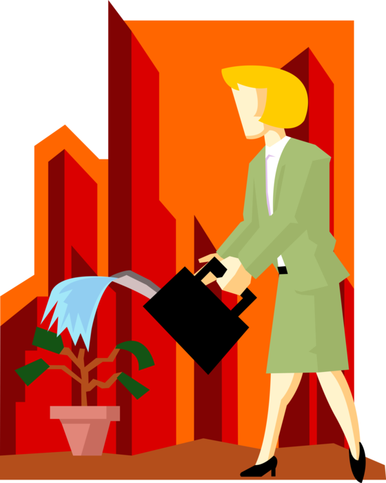 Vector Illustration of Businesswoman Waters Corporate Profit Financial Cash Money Tree with Watering Can