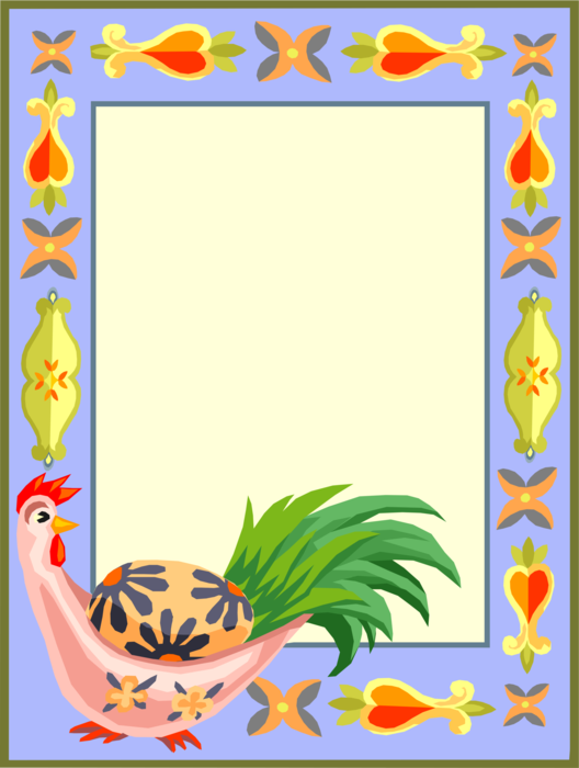 Vector Illustration of Easter Chicken with Decorated Pascha Egg Frame Border