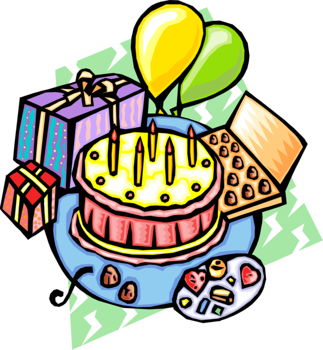 Vector Illustration of Birthday Party with Cake, Presents and Gifts
