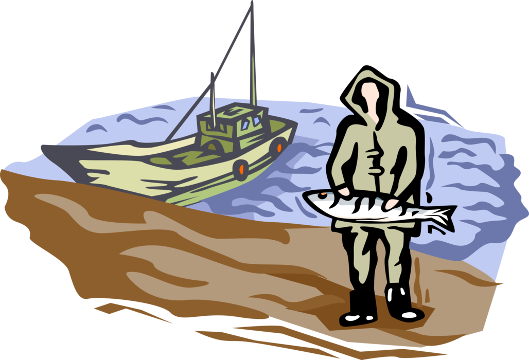 Vector Illustration of Commercial Fisherman Angler with Fishing Trawler Boat and Fresh Fish Catch