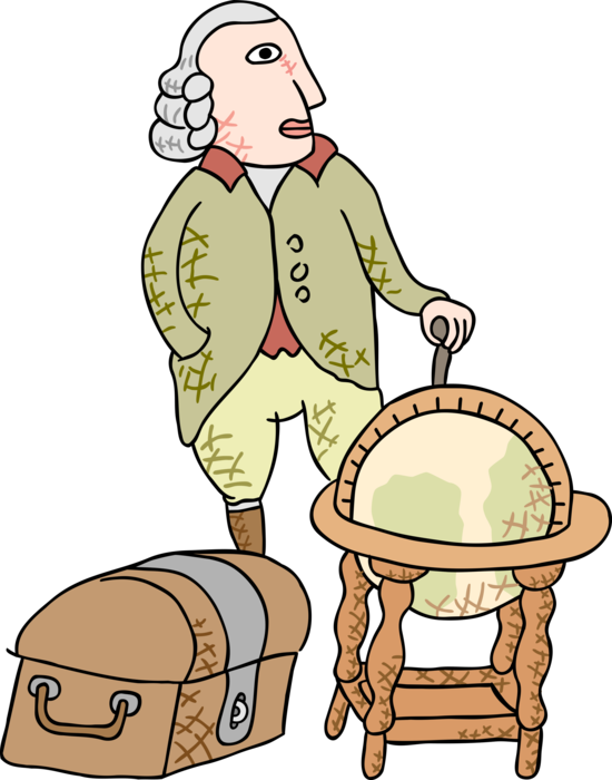 Vector Illustration of Maritime Seafaring Explorer with Wooden Leg, Chest and World Globe