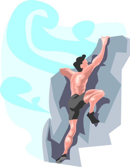 Vector Illustration of Mountaineering Rock Climber Climbs Mountain without Climbing Gear