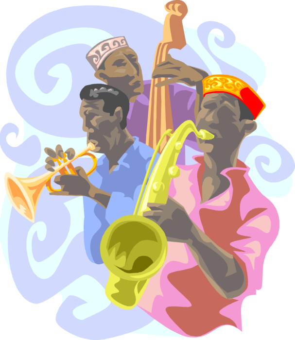 Vector Illustration of Jazz Musicians in Musical Performance with Saxophone, Trumpet and Bass