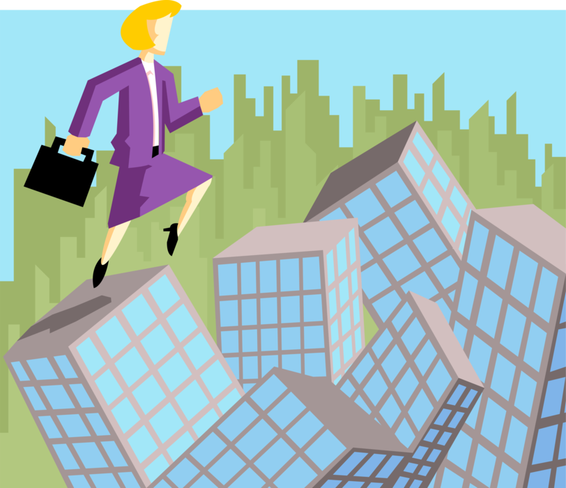 Vector Illustration of Businesswoman Leaping Over Tall Buildings 