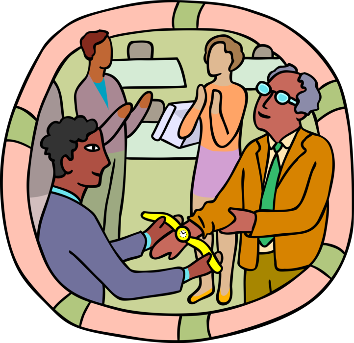 Vector Illustration of Office Retirement Party with Presentation of Gold Watch Gift for Years of Service