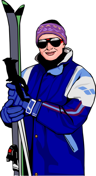 Vector Illustration of Downhill Alpine Skier with Skis Walks to Chalet Lodge