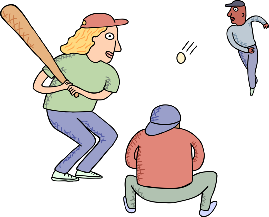 Vector Illustration of American Pastime Sport of Baseball Batter, Catcher and Pitcher as Ball Approaches Home Plate