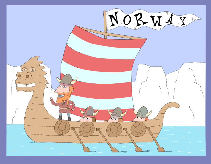 Vector Illustration of Norway Viking Ship with Dragon's Head Marine Vessel Under Sail and Oar