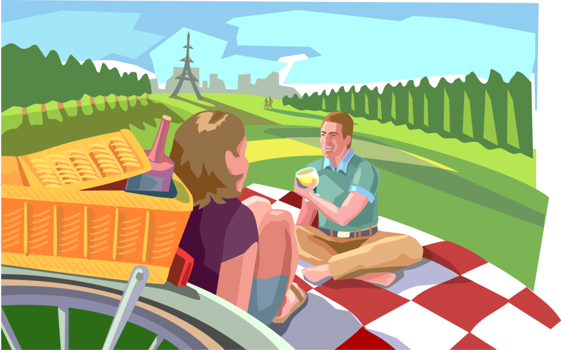 Vector Illustration of Couple Enjoy Bicycle Ride to Summer Picnic on Grass with Blanket and Wine