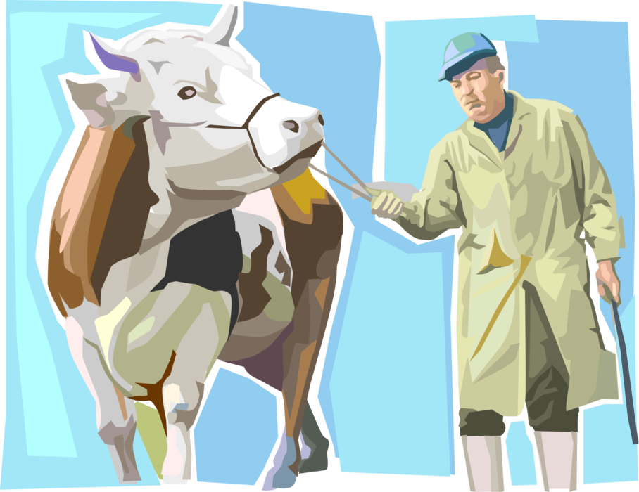 Vector Illustration of Cattle Farmer with Red and White Holstein Bull