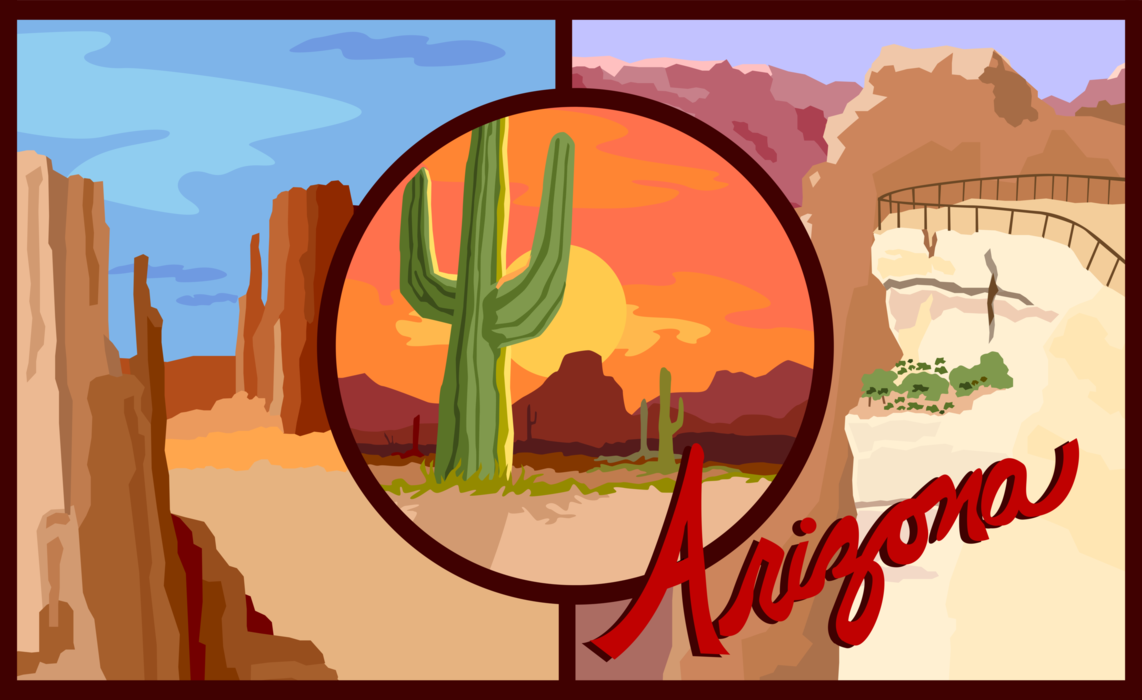 Vector Illustration of Arizona State Postcard Design Featuring Desert Cactus