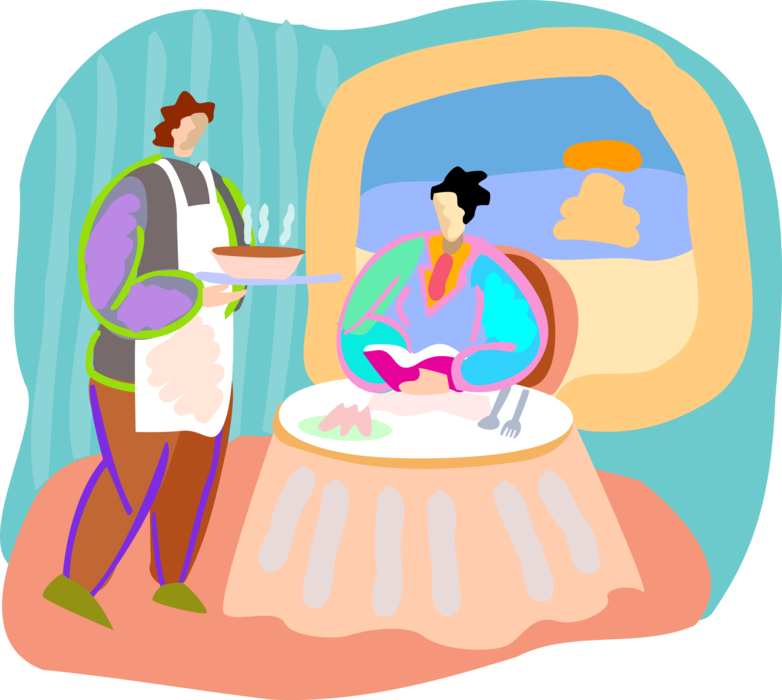 Vector Illustration of Restaurant Maître d'hôtel Waiter Delivers Meal to Customer