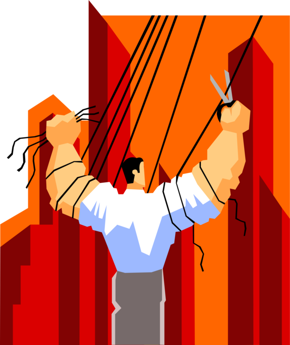 Vector Illustration of Powerful Businessman with Jacked Biceps and Forearms Cutting Strings