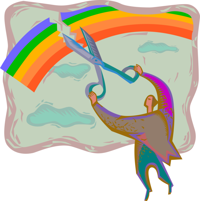 Vector Illustration of Businessman Cuts Rainbow with Scissors