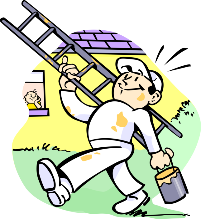 Vector Illustration of Home Improvement and Decoration House Painter with Ladder and Paint